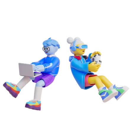 Kids Playing Video Games  3D Illustration