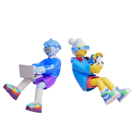 Kids Playing Video Games 3D Illustration