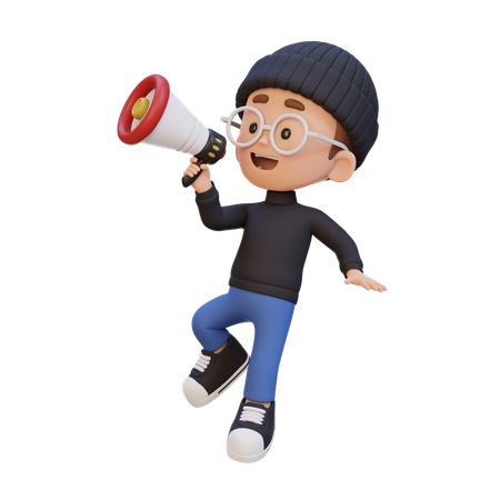 Kind, Junge, Schreien, Auf, Megaphon, Und, Springen  3D Icon