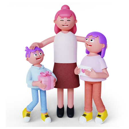 3 D Rendering 3 D Rendering Charakter Mutter Sohn Und Madchen Feiern Muttertag Mit Geschenk Und Umschlag 3D Illustration