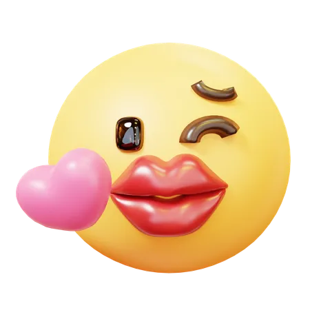 Cute Cartoon 3 D Kissing Yellow Face With Heart And Big Red Lips Emoji Happy Valentines Day Anniversary Wedding Love Concept 3D Icon