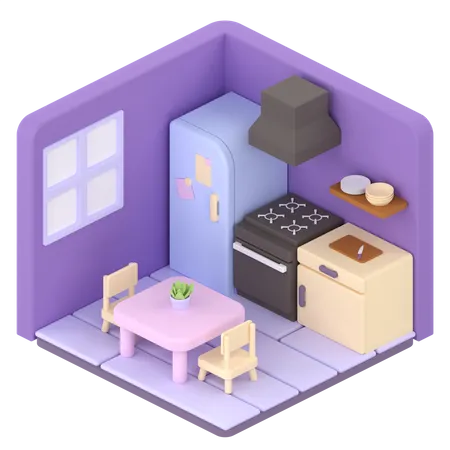 3 D Illustration Isometric Low Poly Kitchen Room Design 3D Illustration