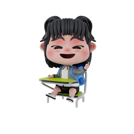 Kleine Studentin sitzt auf Stuhl  3D Illustration