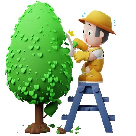 Kleiner Gärtner der einen Baum beschneidet  3D Illustration