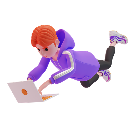 Kleiner Junge mit einem Laptop während des Fluges  3D Illustration