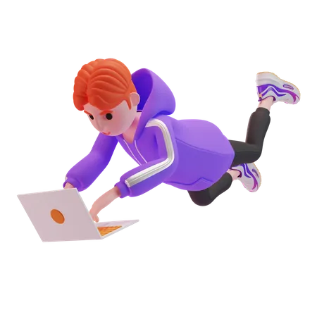 Kleiner Junge mit einem Laptop während des Fluges  3D Illustration