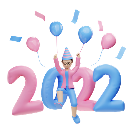 Kleiner Junge feiert Neujahr 2022  3D Illustration