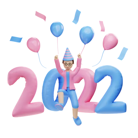 Kleiner Junge feiert Neujahr 2022  3D Illustration