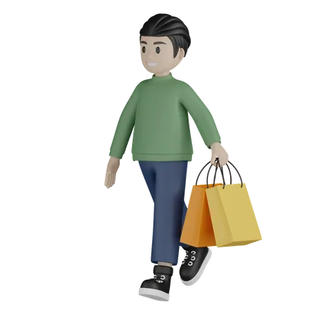 Kleiner Junge geht und hält Einkaufstüten  3D Illustration