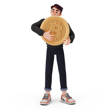 Kleiner Junge hält Bitcoin  3D Illustration