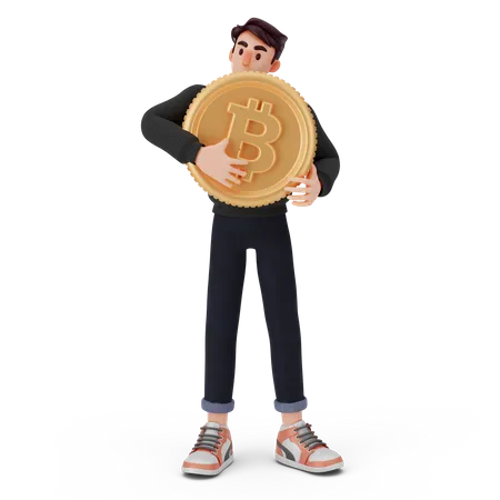 Kleiner Junge hält Bitcoin  3D Illustration