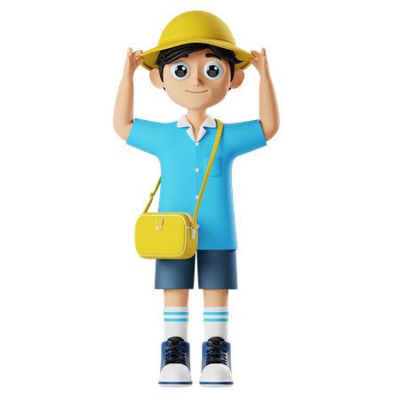 Kleiner Junge hält runden Hut, während er im Stehen psoe gibt  3D Icon