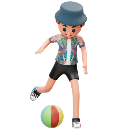 Kleiner Junge kickt Strandball  3D Illustration