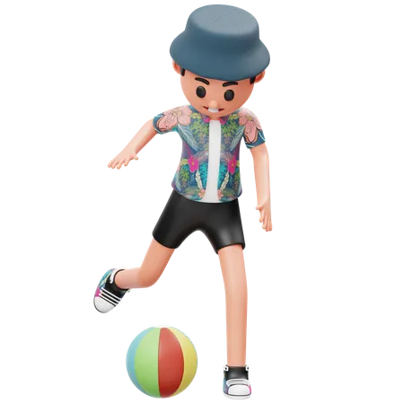 Kleiner Junge kickt Strandball  3D Illustration