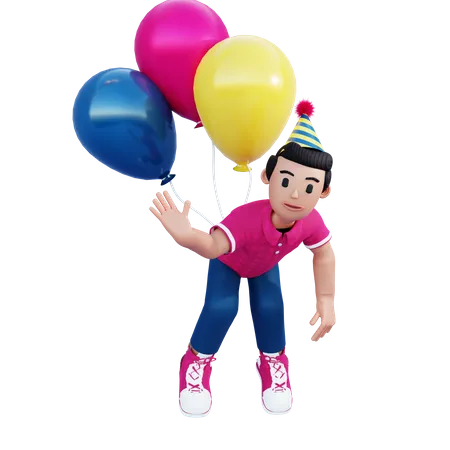 Kleiner Junge mit bunten Luftballons  3D Illustration