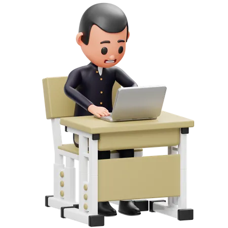 Kleiner Junge schaut auf Laptop  3D Illustration