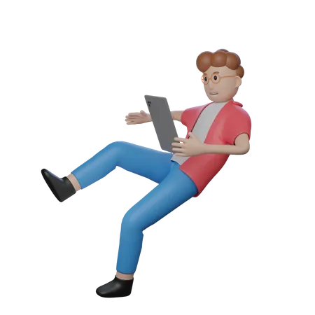 Kleiner Junge schwebt mit Tablet in der Luft  3D Illustration