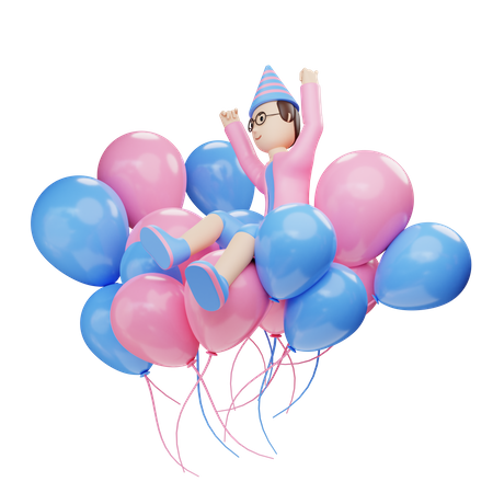 Kleiner Junge sitzt auf Luftballons  3D Illustration