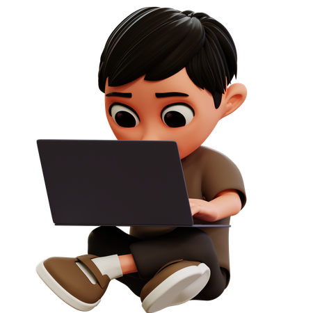 Kleiner Junge spielt mit Laptop  3D Illustration