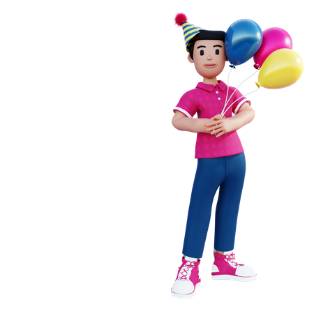 Kleiner Junge steht mit bunten Luftballons  3D Illustration