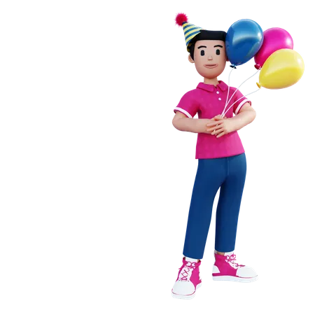 Kleiner Junge steht mit bunten Luftballons  3D Illustration