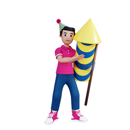 Kleiner Junge trägt große Rakete  3D Illustration