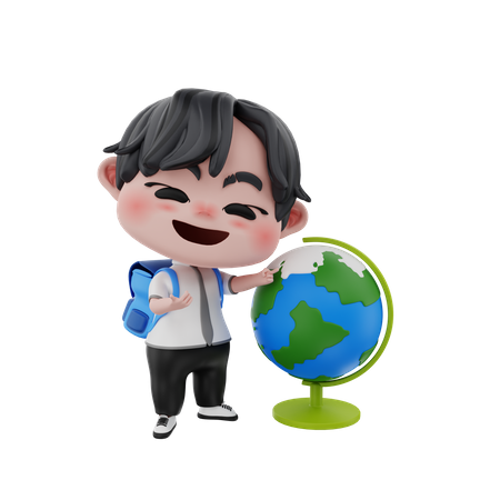 Kleiner Junge zeigt Globus  3D Illustration