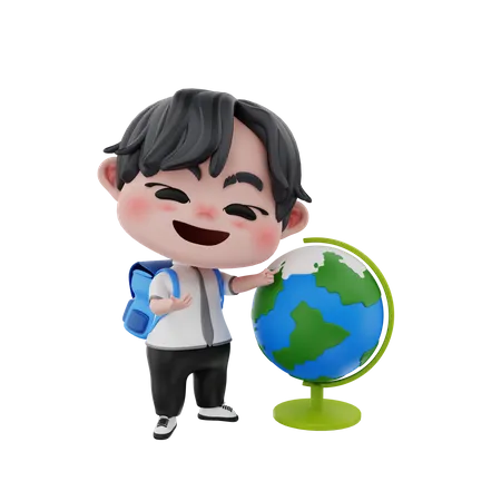 Kleiner Junge zeigt Globus  3D Illustration