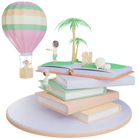 3 D Illustration Eines Kinderbuchs Mit Einer Fahrt Im Heissluftballon 3D Illustration