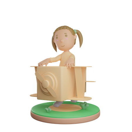 Kleines Mädchen spielt mit Pappflugzeug  3D Illustration