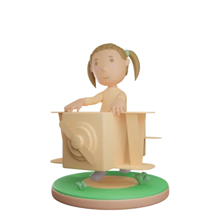 Kleines Mädchen spielt mit Pappflugzeug  3D Illustration