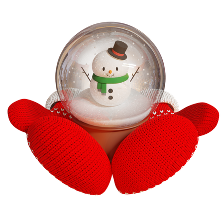 Knitted red mittens hold a souvenir snow globe with a snowman 3D Illustration