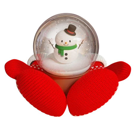 Knitted red mittens hold a souvenir snow globe with a snowman  3D Illustration