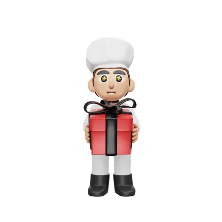 Chef der geschenkbox hält  3D Illustration