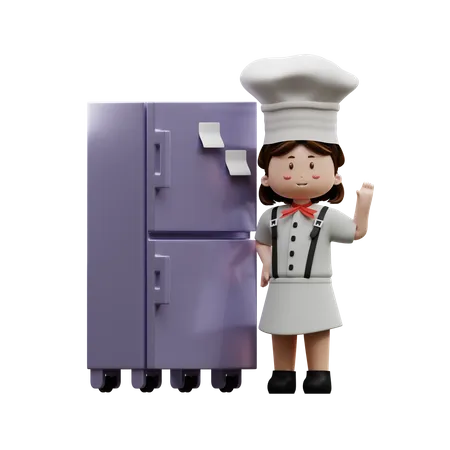Köchin mit Kühlschrank  3D Illustration