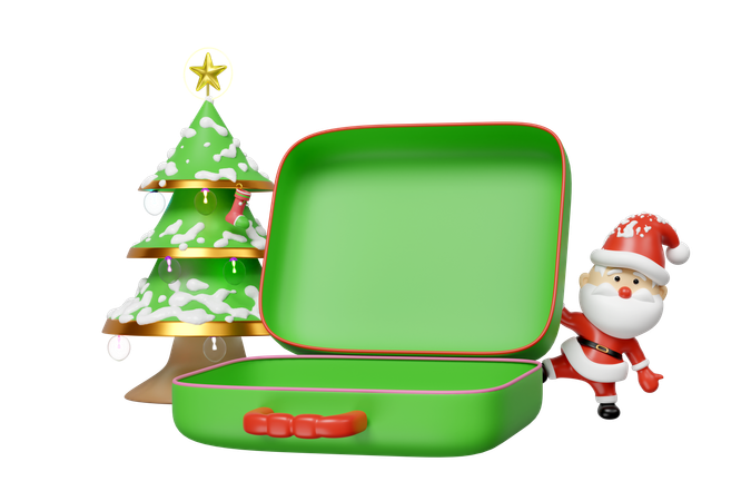 Reisekoffer, leerer, mit, weihnachtsmann  3D Illustration