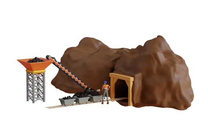 Kohlebergbau Und Transport 3 D Illustration Arbeit Im Kohlebergwerk Eingang Zum Kohlebergwerk Und Mit Kohle Beladener Grubenwagen 3D Illustration