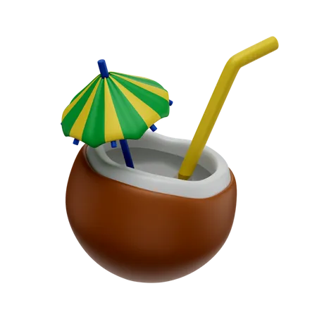 3 D Darstellung Eines Cocktails In Kokosnuss Mit Regenschirm Und Papierstroh 3D Icon