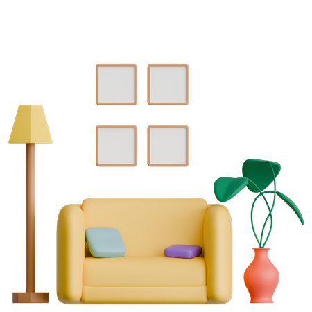 Komfort-Sessel mit Stehlampe und Blumentopf-Interieur  3D Icon