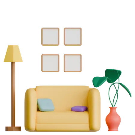 Komfort-Sessel mit Stehlampe und Blumentopf-Interieur  3D Icon