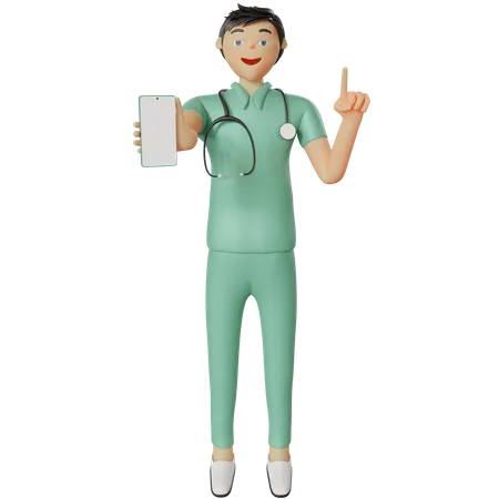 Krankenschwester zeigt Smartphone-Schild-Bildschirm  3D Illustration
