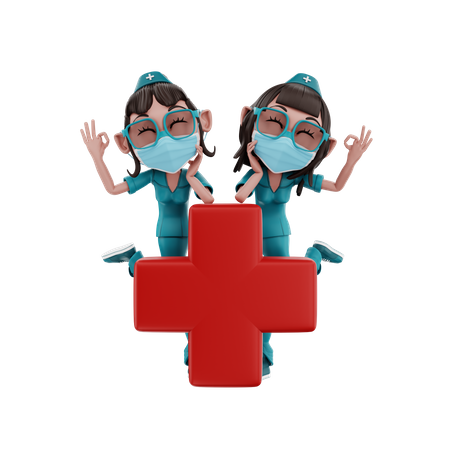 Krankenschwestern mit Krankenhausschild  3D Illustration