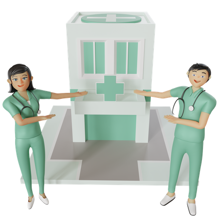 Krankenschwestern zeigen Krankenhausgebäude  3D Illustration