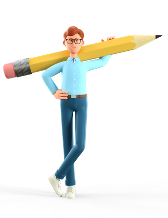 Kreativer Mann hält großen Bleistift auf der Schulter  3D Illustration