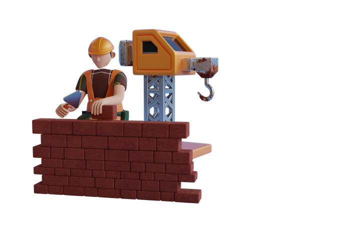 Mann baute Ziegelsteinmauer auf Baustelle  3D Illustration