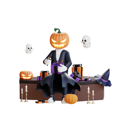 Kürbismann mit Halloween Geschenk  3D Illustration