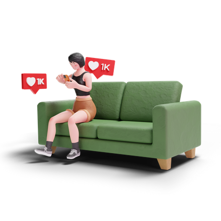 Kurzhaariges Mädchen bekommt Likes aus sozialen Medien, während es auf dem Sofa sitzt  3D Icon