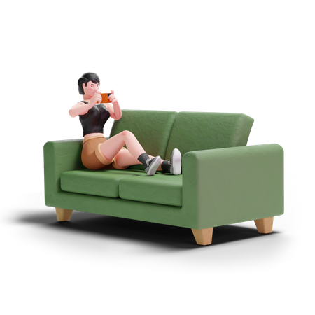 Kurzhaariges Mädchen mit Smartphone auf dem Sofa  3D Illustration