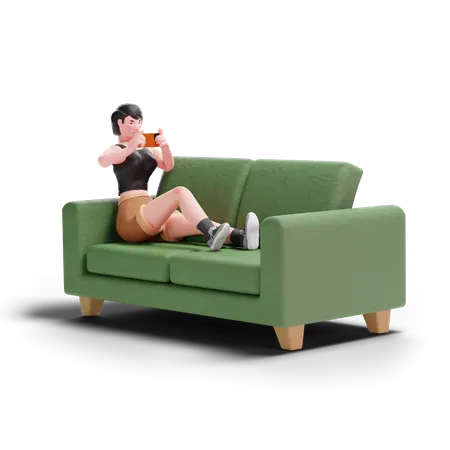 Kurzhaariges Mädchen mit Smartphone auf dem Sofa  3D Illustration