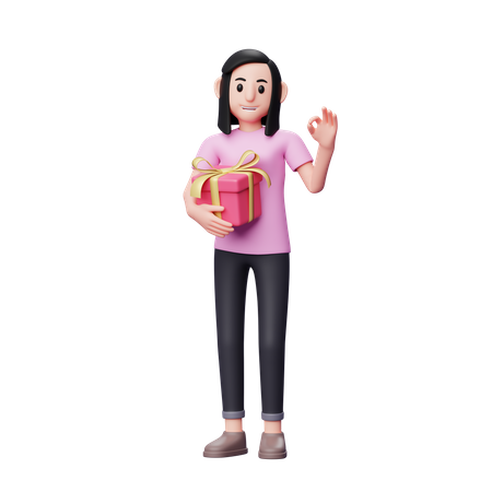 La chica abraza el regalo de San Valentín y muestra el dedo con el signo de ok  3D Icon